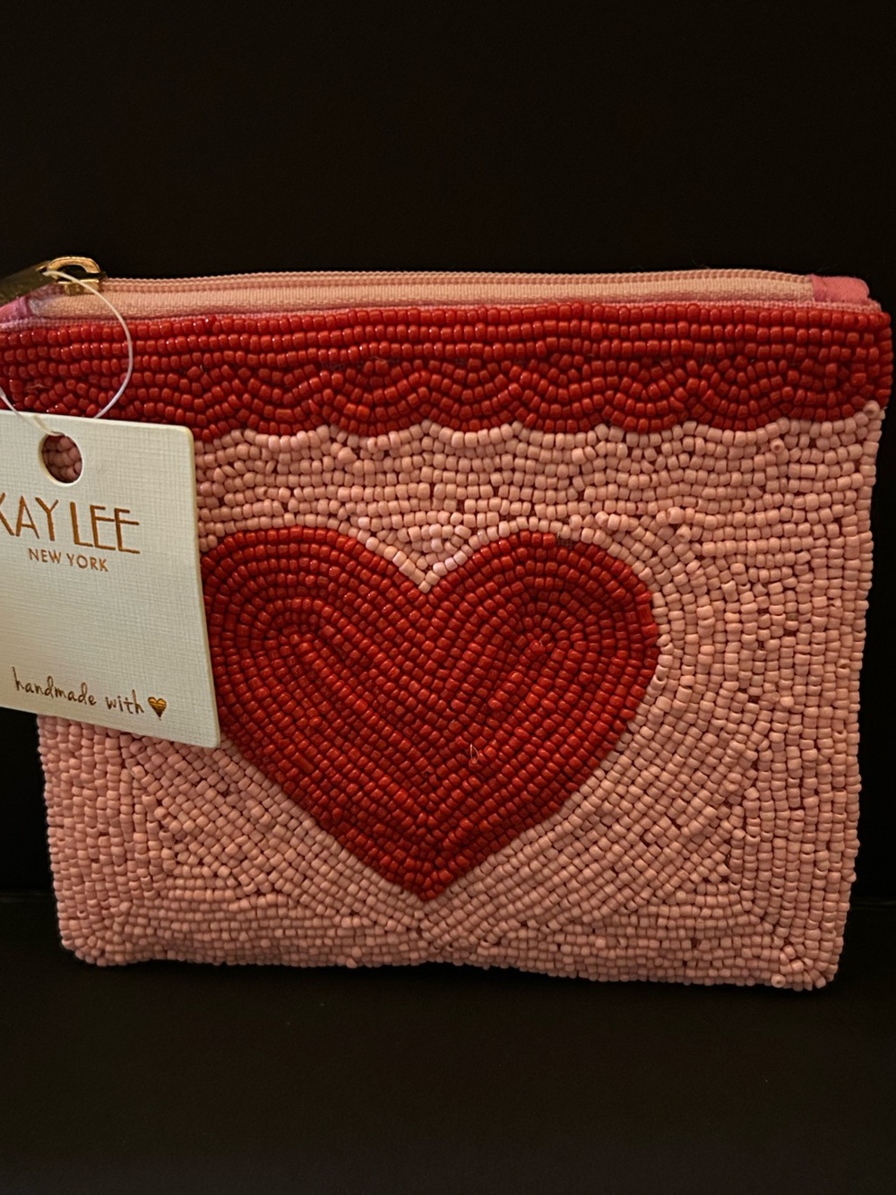 Kay Lee New York Pink & Red Hand-Beaded 🩷 Heart ❤️ Zip-Top Clutch Wallet Pouch